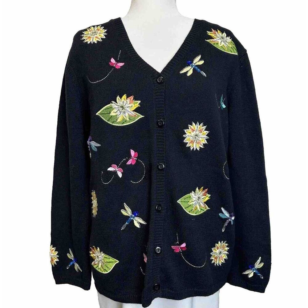 Nordstrom Dragonfly Floral Sweater Womens L Coastal Grandma Cardigan Cottagecore